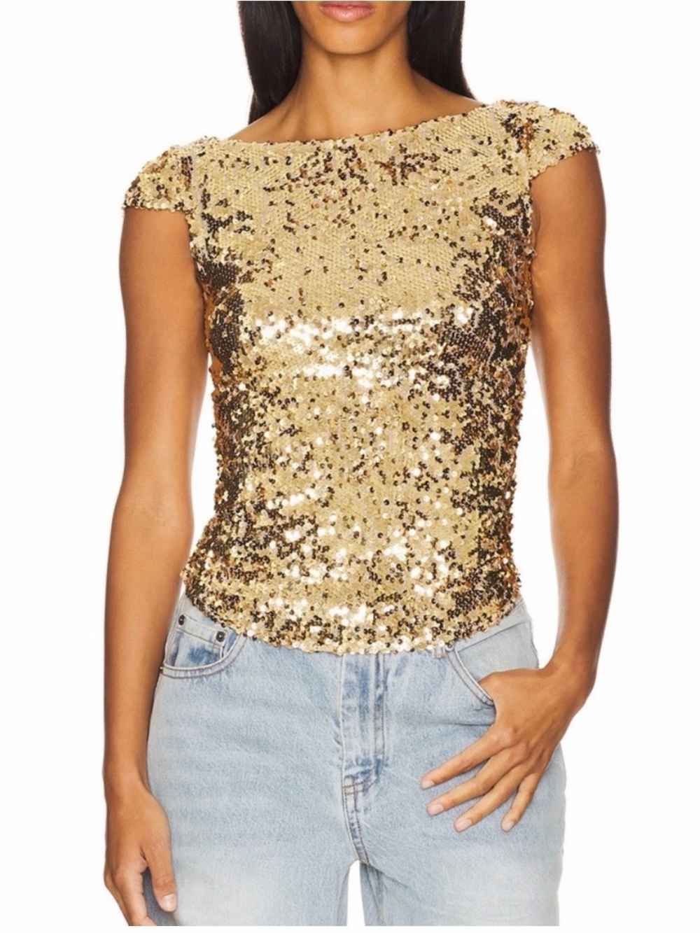 Free People Gold Sequin Cap-Sleeve Camisole